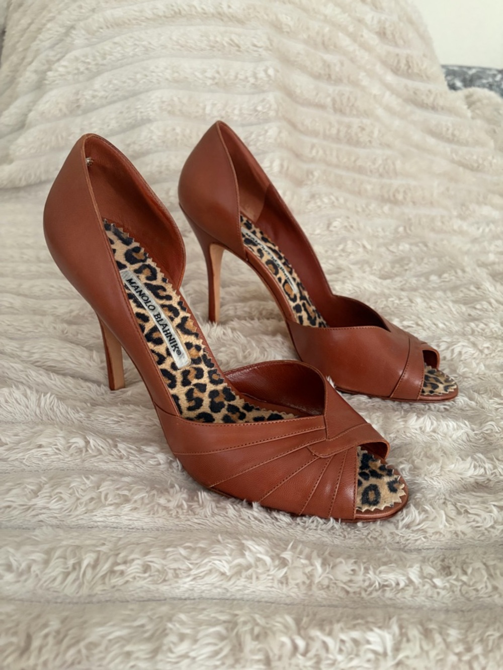 Manolo Blahnik Brown Leather Peep-Toe Heels with Leopard Lining